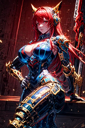 masterpiece,  best quality, 1girl, solo, large breasts, bare arms,  outdoors,  night  sky, sitting, hand on hip, cleavage cutout,  steel armor, long hair, bangs, red eyes, red hair, High detailed, Epic Logo, Cyber punk,