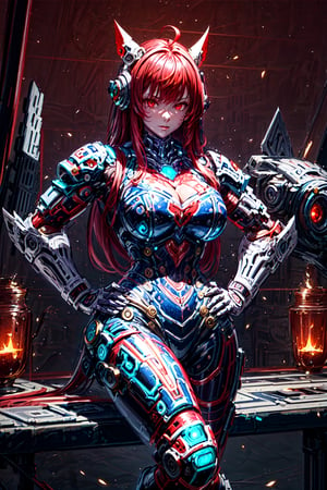 masterpiece,  best quality, 1girl, solo, large breasts, bare arms,  outdoors,  night  sky, sitting, hand on hip, cleavage cutout,  steel armor, long hair, bangs, red eyes, red hair, High detailed, Epic Logo, Cyber punk,