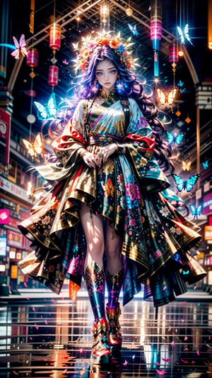  young woman with beautiful blowing hair and mesmerizing eyes, wearing a flowing red gold dress made of petals, in a serene garden (filled with blooming flowers), a representation of beauty and grace, charming, cute, beautiful, ultra detailed, dream like shot, 8k, sunset, ((holographic))), (((rainbowish))), expressive, cinematic, dynamic pose,midjourney, fullbody, many many glowing colorful butterflies,High detailed ,Color magic,1girl, roujinzhi,futureaodai