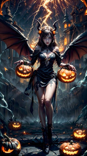 (masterpiece, best quality), Unity 16k wallpaper, (ultra-detailed), beautiful and aesthetic, fairy god of death, fox ears, demonic horns, ((demonic wings)), standing, full body, cinematic lighting, (((many many flying jack-o'-lantern))), night moon, ((lightning)), magic red gold dress of the goddess