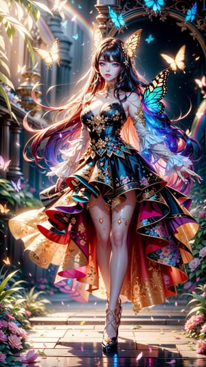  young woman with beautiful blowing hair and mesmerizing eyes, wearing a flowing red gold dress made of petals, in a serene garden (filled with blooming flowers), a representation of beauty and grace, charming, cute, beautiful, ultra detailed, dream like shot, 8k, sunset, ((holographic))), (((rainbowish))), expressive, cinematic, dynamic pose,midjourney, fullbody, many many glowing colorful butterflies