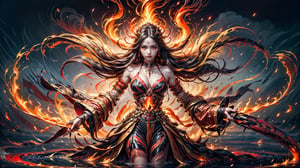 ( Lolahon: in Philippine mythology, goddess of fire ),  ((high resolution, high quality, realistic)), Create a photo of a beautiful girl: ((Lolahon: goddess of fire   stands waist-deep in Lake magmi )), insanely detail face, ((((( draw a red lake magmi that is on fire:1.4 ))))) ,( half body under magma ), made from liquid magma, detailed body, ultra high definition, 32K, flying sweatdrops, ultra photorealistic, (fire theme background), magical, dramatic, excelent color exposure, epic, action_pose,1 girl, ,huoshen,yuzu,zhurongshi