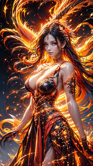 ( Lolahon: in Philippine mythology, goddess of fire ),  ((High resolution, high quality, realistic)), Create a photo of a beautiful girl: (((Lolahon: goddess of fire   stands waist-deep in Lake Magmi ))), insanely detail face, ((( half body under magma ))), made from liquid magma, detailed body, ultra high definition, 32K, flying sweatdrops, ultra photorealistic, (fire theme background), magical, dramatic, excelent color exposure, epic, action_pose,1 girl, masterpiece color pallete, ,blurry_light_background,Paint_Style