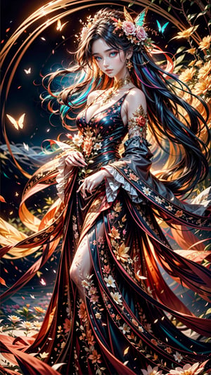  young woman with beautiful blowing hair and mesmerizing eyes, wearing a flowing red gold dress made of petals, in a serene garden (filled with blooming flowers), a representation of beauty and grace, charming, cute, beautiful, ultra detailed, dream like shot, 8k, sunset, ((holographic))), (((rainbowish))), expressive, cinematic, dynamic pose,midjourney, fullbody, many many glowing colorful butterflies,huoshen