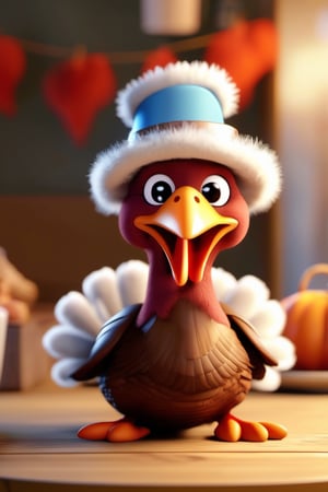 masterpiece, 8k, best quality, extremely detailed, HD, 8k, a turkey on a table, wearing a winter coat and hat, alive cartoon turkey with mischievous expression, centered, small turkey, modelshoot style,cute00d