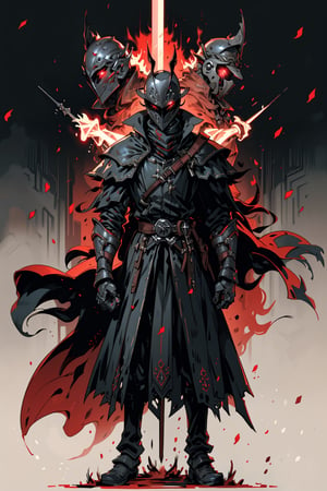 Masterpiece, best quality, solo, simple_background, 1 man, knight, hand holding a great sword , Black full body armor, red glowing eyes, wearing edg, dark armor, helmet, faceplate