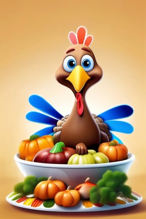 masterpiece, 8k, epic,Stunning poster, turkey fleeing from dish as a thanksgiving day icon, vegetables in the dish, alive cartoon turkey with mischievous expression in the dish, centered, small size turkey, modelshoot style,cute00d