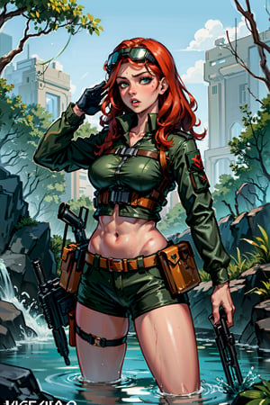 (masterpiece), best quality, expressive eyes, perfect face, 1girl in tactical jungle uniform, redhead, rising out of water,wet skin, bare midriff, tactical helmet, night_vision goggles, aiming a assault rifle, weapon