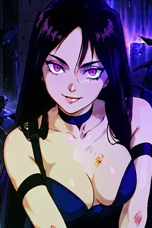 (masterpiece),  (best quality:1.6),  (victorian clothes, choker), (dark_black long hair:1.3), (longhairstyle:1.4), pale skin, (violet eyes:1.3), ((1 mature woman:1.3)), (busty), large breasts, best quality, extremely detailed, HD, 8k,1 girl,yuzu, ((cruel_smile)), ((evil eyes)), dark scenery, victorian background ,retro,1980s \(style\)