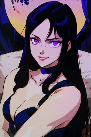 (masterpiece),  (best quality:1.6),  (victorian clothes, choker), (dark_black long hair:1.3), (longhairstyle:1.4), pale skin, (violet eyes:1.3), ((1 mature woman:1.3)), (busty), large breasts, best quality, extremely detailed, HD, 8k,1 girl,yuzu, ((cruel_smile)), ((evil eyes)), dark scenery, victorian background ,retro,1980s \(style\)