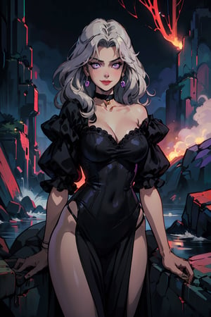 (masterpiece),  (best quality:1.6),  (victorian clothes, choker), (dark_black long hair:1.3), (longhairstyle:1.4), pale skin, (violet eyes:1.3), ((1 mature woman:1.3)), (busty), large breasts, best quality, extremely detailed, HD, 8k,1 girl,yuzu, ((cruel_smile)), ((evil eyes)), dark scenery, victorian background ,retro