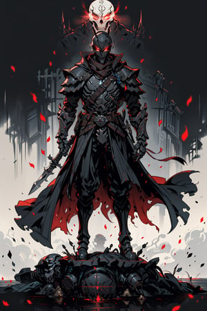 Masterpiece, best quality, solo, simple_background, 1 man, knight, hand holding a great sword , Black full body armor, red glowing eyes, wearing edg, dark armor, helmet, faceplate, (dynamic combat scene, fight with a skeleton)