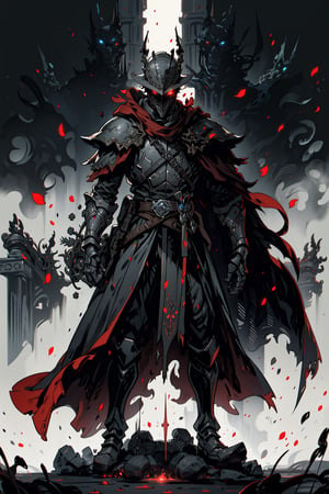 Masterpiece, best quality, solo, simple_background, 1 man, knight, hand holding a great sword , Black full body armor, red glowing eyes, wearing edg, dark armor, helmet, faceplate, dynamic combat scene, fight with a skeleton