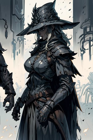 Masterpiece, best quality, solo, simple_background, viewed_from_side,1 girl, knight, large breasts hand holding an axe , dark grey body armor, wearing edg, dark armor, hat, (dynamic scene)