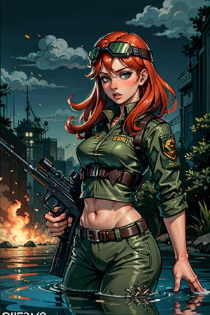 (masterpiece), best quality, expressive eyes, perfect face, 1girl in tactical jungle uniform,aiming a assault rifle gun, redhead, rising out of water,wet skin, bare midriff, tactical helmet, night_vision goggles, weapon