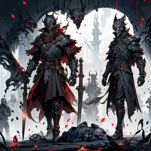 Masterpiece, best quality, solo, simple_background, viewed_from_side,1 man, knight, hand holding a great sword , Black full body armor, red glowing eyes, wearing edg, dark armor, helmet, faceplate, (dynamic combat scene, fight with a skeleton)