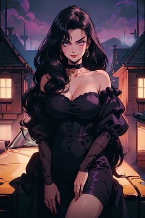 (masterpiece),  (best quality:1.6),  (victorian clothes, choker), (dark_black long hair:1.3), (longhairstyle:1.4), pale skin, (violet eyes:1.3), ((1 mature woman:1.3)), (busty), large breasts, best quality, extremely detailed, HD, 8k,1 girl,yuzu, ((cruel_smile)), ((evil eyes)), dark scenery, victorian background ,retro