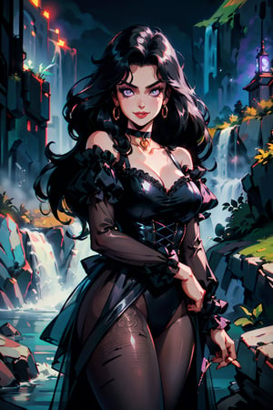 (masterpiece),  (best quality:1.6),  (victorian clothes, choker), (dark_black long hair:1.3), (longhairstyle:1.4), pale skin, (violet eyes:1.3), ((1 mature woman:1.3)), (busty), large breasts, best quality, extremely detailed, HD, 8k,1 girl,yuzu, ((cruel_smile)), ((evil eyes)), dark scenery, victorian background ,retro