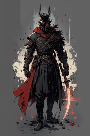 Masterpiece, best quality, solo, simple_background, 1 man, knight, hand holding a great sword , Black full body armor, red glowing eyes, wearing edg, dark armor, helmet, faceplate