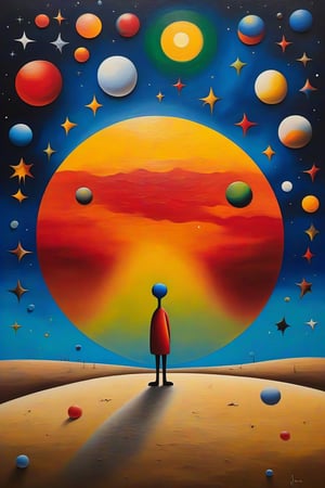 (((Artistic Masterpiece))) (((Joan Miró Style))) (((Oil Painting))) A man looking up at the sky, in a full-length shot, on a desert plain at night with a full moon and a sky filled with stars. The image should evoke the unique abstract and surrealistic style of Joan Miró, represented as if it were painted in oil, with a worm's-eye view perspective and using natural light from the moon and stars. (((Intense Emotion))) (((Vivid Colors)))