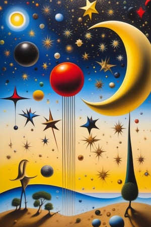 (((Oil painting by Joan Miró and Salvador Dalí))), ((european surrealist art)), Foto_realista:1.9, ((artistic depiction)) A representation showing an endless celestial expanse on a starry night. (((many stars))) The representation must have a vintage style with a grain filter, Viewed from a low angle and illuminated by natural light. sharp focus, 8k, UHD, high quality, intricately detailed, Highly detailed, hyper-realistic