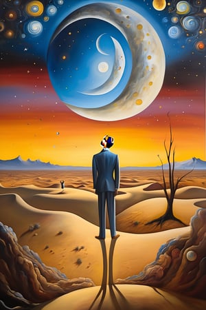 (((Artistic Masterpiece))) (((Salvador Dalí Style))) (((Oil Painting))) A man looking up at the sky, in a full-length shot, on a desert plain at night with a full moon and a sky filled with stars. The image should evoke the unique abstract and surrealistic style of Salvador Dalí, represented as if it were painted in oil, with a worm's-eye view perspective and using natural light from the moon and stars. (((Intense Emotion))) (((Vivid Colors)))