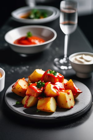 Detailed photograph of a white medium plate of patatas bravas, soaked in spicy sauce, with uniform mayonnaise on top, placed on a black granite bar table with small white tones, in a traditional setting. Shot with a high-resolution DSLR camera, 50mm lens, sharp focus on the potatoes, f/2.8 aperture to softly blur the background, illuminated with soft natural light and an additional light source to avoid harsh shadows