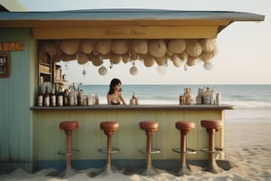An amazingly detailed up close beach bar. Taken with a Hasselblad medium format camera with a 100mm lens. Unmistakable for a photograph. Cinematic lighting. Photographed by Tim Walker, trending at 500px niji 5