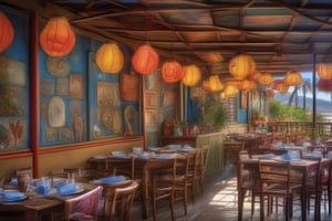 Alta resolución Diseño espectacular, 8k, hiperrealista, Cinemático,(( foto RAW)) de un restaurante muy moderno, minimalista, Disparo desde el exterior, muchas ventanas muy altas, ((gente comiendo dentro: 1.2)),((camareros sirviendo mesas)), Interior cálido ,a pie de playa, atardecer, sol bajo Imagen de hermosa playa tropical paradisíaca en la hora azul, 8k, HDR, colores vibrantes, afilado, Alta Rez, de alta resolución, Curvatura del horizonte terrestre, Iluminación y reflexión con trazado de rayos