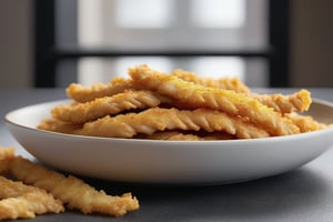 (((hyper realistic food detail))) (((extreme realistic texture detail))) (ultra-thin chicken strips, cut in varying lengths, with detailed shadows) (masterpiece, highest quality), (realistic, photo_realistic:1.9), ((Photoshoot)) Realistic photograph of extremely thin strips of breaded and fried chicken breast, cut in varying lengths, served on a normal ceramic plate, with mustard sauce in a small bowl on the side. The strips are arranged uniformly but with varying sizes. The photo is taken on a black granite bar table with small white tones. The image is captured with a full-frame camera, using a 100mm f/2.8 soft focus lens, under soft natural light coming from a window, sharp focus, 8k, UHD, high quality, intricate detailed, highly detailed, hyper-realistic