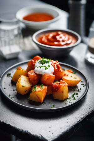 Detailed photograph of a white medium plate of patatas bravas, soaked in spicy sauce, with uniform mayonnaise on top, placed on a black granite bar table with small white tones, in a traditional setting. Shot with a high-resolution DSLR camera, 50mm lens, sharp focus on the potatoes, f/2.8 aperture to softly blur the background, illuminated with soft natural light and an additional light source to avoid harsh shadows