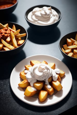 Detailed photograph of a white medium plate of patatas bravas, soaked in spicy sauce, with uniform mayonnaise on top, placed on a black granite bar table with small white tones, in a traditional setting. Shot with a high-resolution DSLR camera, 50mm lens, sharp focus on the potatoes, f/2.8 aperture to softly blur the background, illuminated with soft natural light and an additional light source to avoid harsh shadows in 3D style