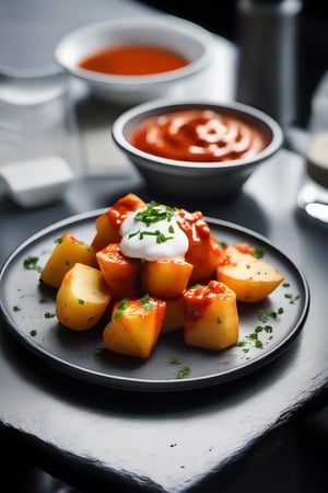 Detailed photograph of a white medium plate of patatas bravas, soaked in spicy sauce, with uniform mayonnaise on top, placed on a black granite bar table with small white tones, in a traditional setting. Shot with a high-resolution DSLR camera, 50mm lens, sharp focus on the potatoes, f/2.8 aperture to softly blur the background, illuminated with soft natural light and an additional light source to avoid harsh shadows