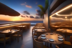 Alta resolución Diseño espectacular, 8k, hiperrealista, Cinemático,(( foto RAW)) de un restaurante muy moderno, minimalista, Disparo desde el exterior, muchas ventanas muy altas, ((gente comiendo dentro: 1.2)),((camareros sirviendo mesas)), Interior cálido ,a pie de playa, atardecer, sol bajo Imagen de hermosa playa tropical paradisíaca en la hora azul, 8k, HDR, colores vibrantes, afilado, Alta Rez, de alta resolución, Curvatura del horizonte terrestre, Iluminación y reflexión con trazado de rayos