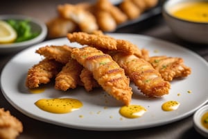 (((hyper realistic food detail))) (((extreme realistic texture detail))) (ultra-thin and short chicken strips with detailed shadows) (masterpiece, highest quality), (realistic, photo_realistic:1.9), ((Photoshoot)) Realistic photograph of very thin and short strips of breaded and fried chicken breast, served on a normal ceramic plate, with mustard sauce in a small bowl on the side. The strips are arranged uniformly. The photo is taken on a black granite bar table with small white tones. The image is captured with a full-frame camera, using a 100mm f/2.8 soft focus lens, under soft natural light coming from a window, sharp focus, 8k, UHD, high quality, intricate detailed, highly detailed, hyper-realistic