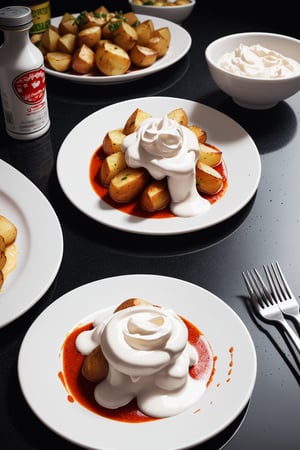 Detailed photograph of a white medium plate of patatas bravas, soaked in spicy sauce, with uniform mayonnaise on top, placed on a black granite bar table with small white tones, in a traditional setting. Shot with a high-resolution DSLR camera, 50mm lens, sharp focus on the potatoes, f/2.8 aperture to softly blur the background, illuminated with soft natural light and an additional light source to avoid harsh shadows in cartoon style