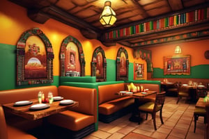 (((hyper realistic mexican restaurant interior))) (((extreme realistic detail))) (mexicam restaurant with detailed atmosphere) (masterpiece, highest quality), (realistic, photo_realistic:1.9), ((Photoshoot)) of a vibrant and welcoming Mexican restaurant with clients enjoying their meals, traditional Mexican decorations, warm lighting, sharp focus, 8k, UHD, high quality