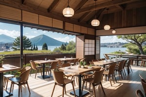 Generate an ultra-realistic image in 3D, 4K, HD, Interior de un restaurante japonés contemporáneo, espacioso y limpio, con una iluminación suave y natural. Mesas de madera oscura y sillas elegantes distribuidas de manera ordenada. Decoración minimalista con detalles en tonos neutros y toques de colores naturales, como verde y marrón. Grandes ventanales que dejan entrar la luz del día y permiten una vista serena al exterior. Barra de sushi de diseño moderno, donde los chefs preparan los platos en tiempo real. Paredes decoradas con arte moderno japonés y delicadas plantas, como bonsáis y bambú. Presentación impecable de los platos en la mesa, con vajilla tradicional japonesa y una estética moderna 
