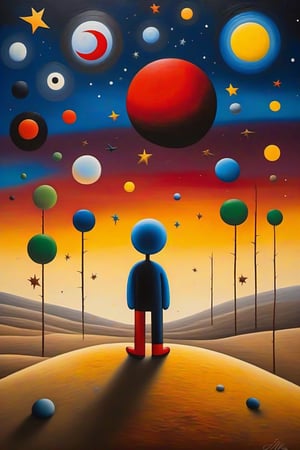 (((Artistic Masterpiece))) (((Joan Miró Style))) (((Oil Painting))) A man looking up at the sky, in a full-length shot, on a desert plain at night with a full moon and a sky filled with stars. The image should evoke the unique abstract and surrealistic style of Joan Miró, represented as if it were painted in oil, with a worm's-eye view perspective and using natural light from the moon and stars. (((Intense Emotion))) (((Vivid Colors)))