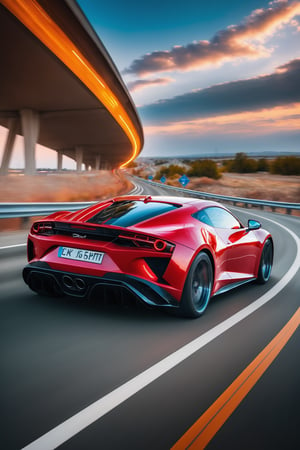 A red sports car was speeding along the highway, diamond wire photography, cyberpunk, 4K, HDR