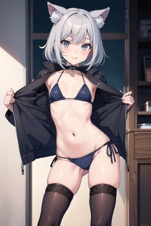 Goth Catgirl loli, sexy, standing, bikini, stockings, small jacket