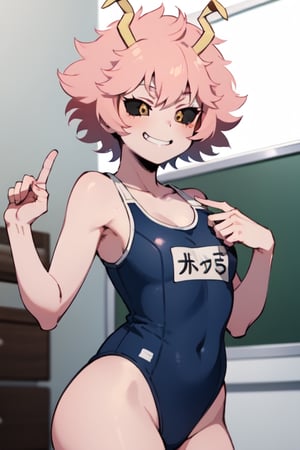 Mina Ashido, smug smile, cocky, confident, school swimsuit, sexy, 