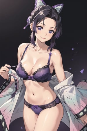 kochou shinobu, purple lingerie, dominant, smirk, sexy, standing over viewer, looking down, looking at viewer