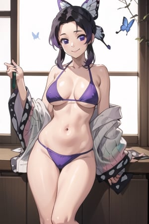 kochou shinobu, purple-bikini, dominant, smirk, sexy, standing over viewer, looking down, looking at viewer, big boobs, 