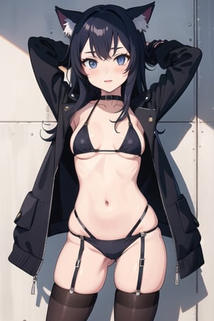 Goth Catgirl loli, sexy, standing, bikini, stockings, jacket