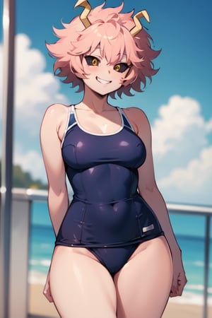 Mina Ashido, smug smile, cocky, confident, school swimsuit, sexy, 