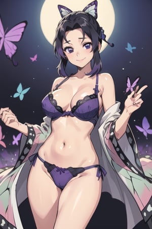 kochou shinobu, purple lingerie, dominant, smirk, sexy, standing over viewer, looking down, looking at viewer, big boobs