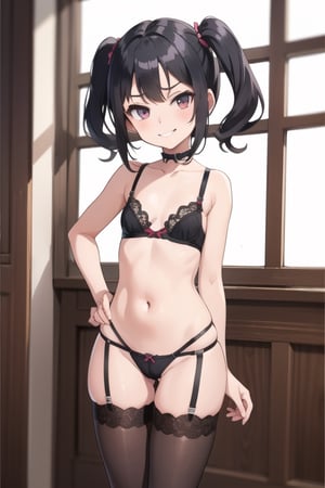 (((Loli))), (((short girl))), (((small girl))), cocky, confident, brat, smirk,tiny thong, twin tails, stockings, tiny bra, teasing viewer, seductive, sexy seducing viewer