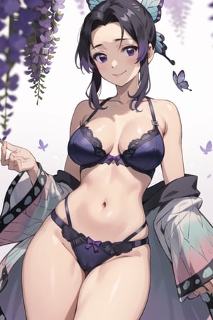 kochou shinobu, purple lingerie, dominant, smirk, sexy, standing over viewer, looking down, looking at viewer, big boobs, 