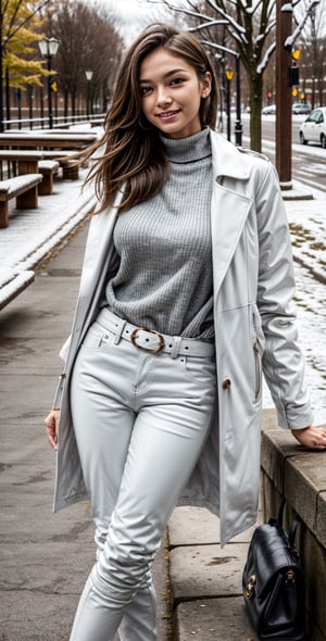 beautiful woman, ((Tall woman:1.2)),Sharp sexy face, Shy expression, Bright smile, Light brown eyes, (Brown hair), ((Long Hair)). (Huge Breats:1.2), ((huge glutes)), Thin waist, ((wearing white turtle neck with white leather long coat)), (((Wearing white leather pants))), sitting on a park bench, ((with a black purse)), snowy weather_1.3, Half body view, looking at the camera.